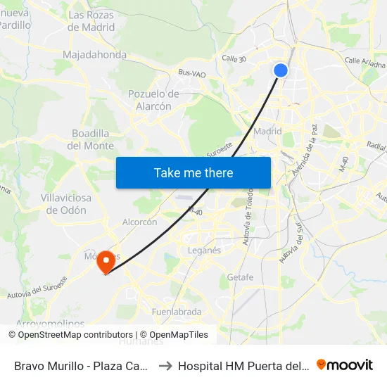 Bravo Murillo - Plaza Castilla to Hospital HM Puerta del Sur map