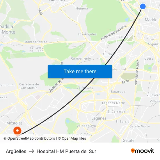 Argüelles to Hospital HM Puerta del Sur map