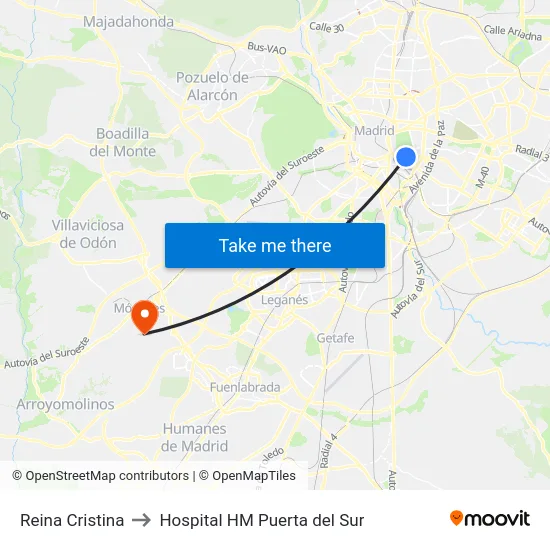 Reina Cristina to Hospital HM Puerta del Sur map