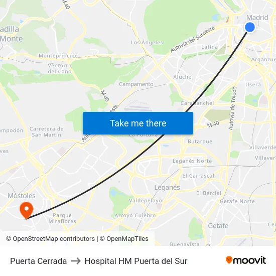 Puerta Cerrada to Hospital HM Puerta del Sur map