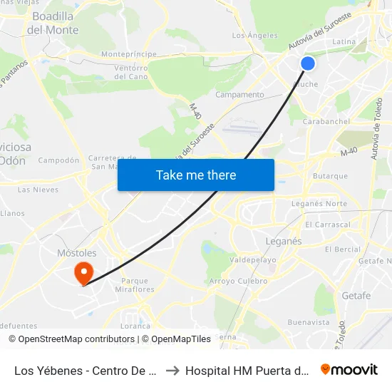 Los Yébenes - Centro De Salud to Hospital HM Puerta del Sur map