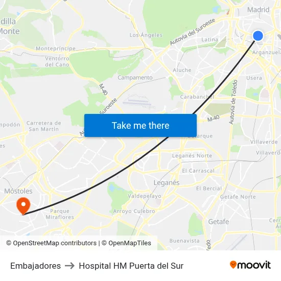 Embajadores to Hospital HM Puerta del Sur map