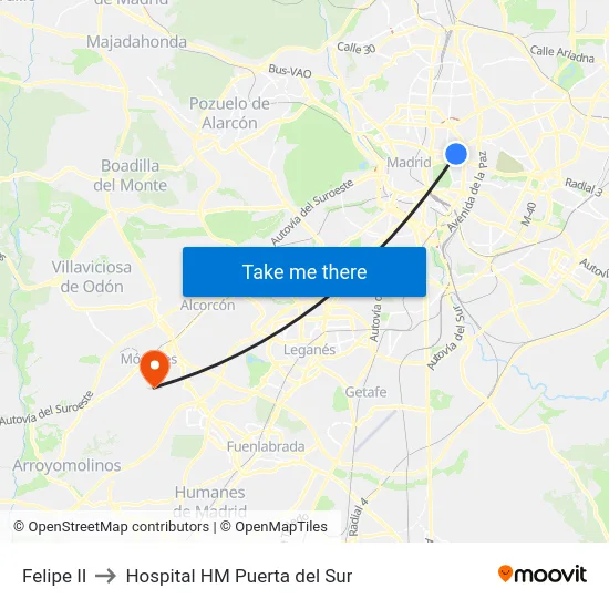 Felipe II to Hospital HM Puerta del Sur map