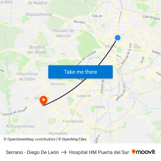 Serrano - Diego De León to Hospital HM Puerta del Sur map
