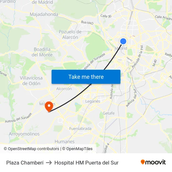 Plaza Chamberí to Hospital HM Puerta del Sur map