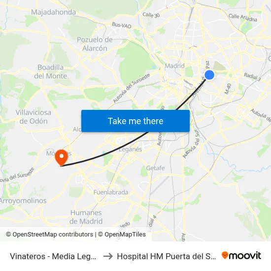 Vinateros - Media Legua to Hospital HM Puerta del Sur map