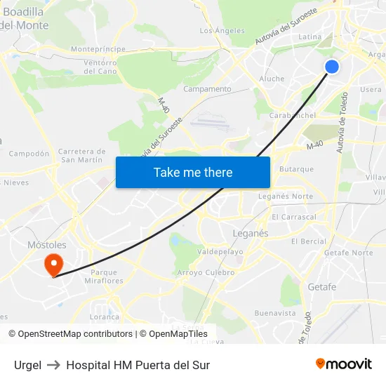Urgel to Hospital HM Puerta del Sur map