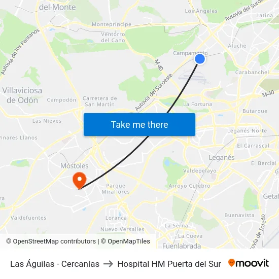 Las Águilas - Cercanías to Hospital HM Puerta del Sur map