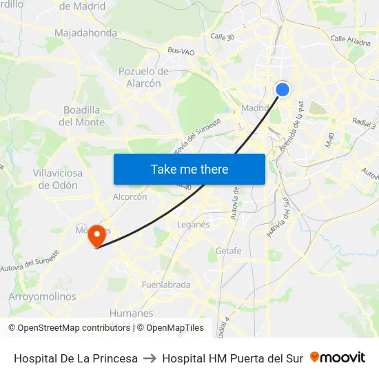 Hospital De La Princesa to Hospital HM Puerta del Sur map