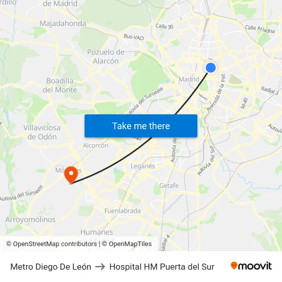 Metro Diego De León to Hospital HM Puerta del Sur map