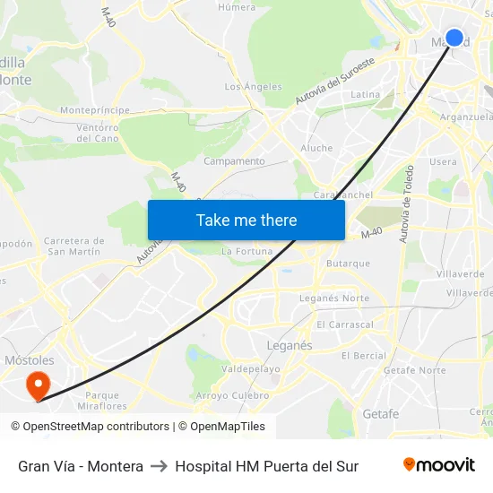 Gran Vía - Montera to Hospital HM Puerta del Sur map