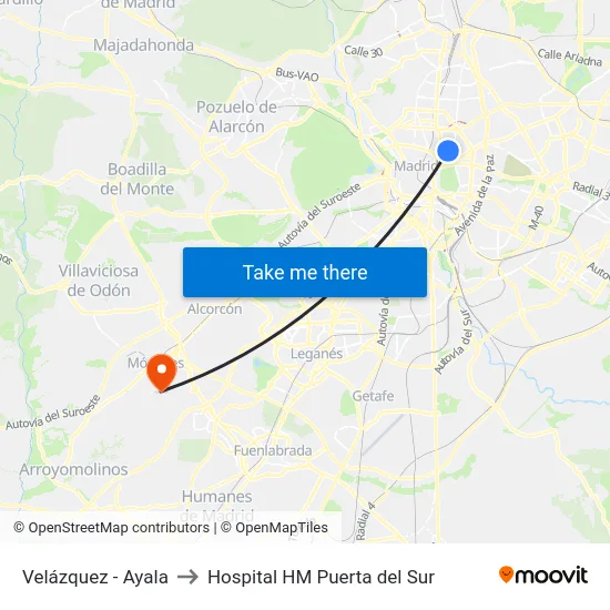 Velázquez - Ayala to Hospital HM Puerta del Sur map