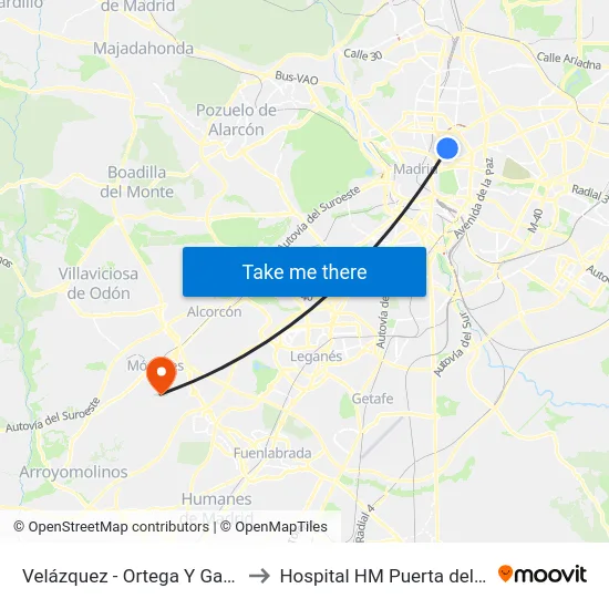 Velázquez - Ortega Y Gasset to Hospital HM Puerta del Sur map