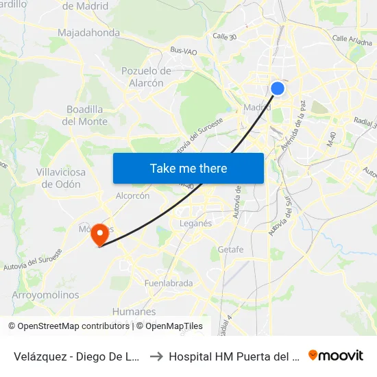 Velázquez - Diego De León to Hospital HM Puerta del Sur map