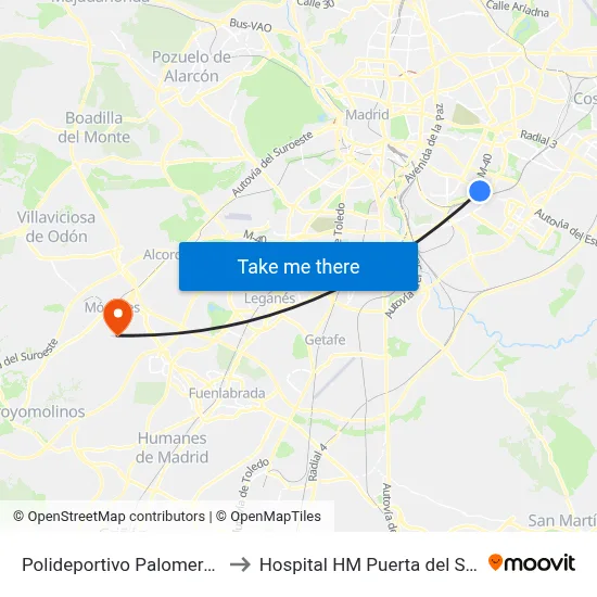 Polideportivo Palomeras to Hospital HM Puerta del Sur map