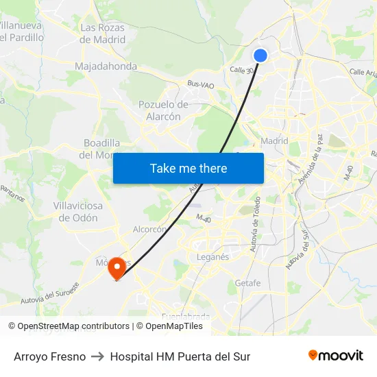 Arroyo Fresno to Hospital HM Puerta del Sur map