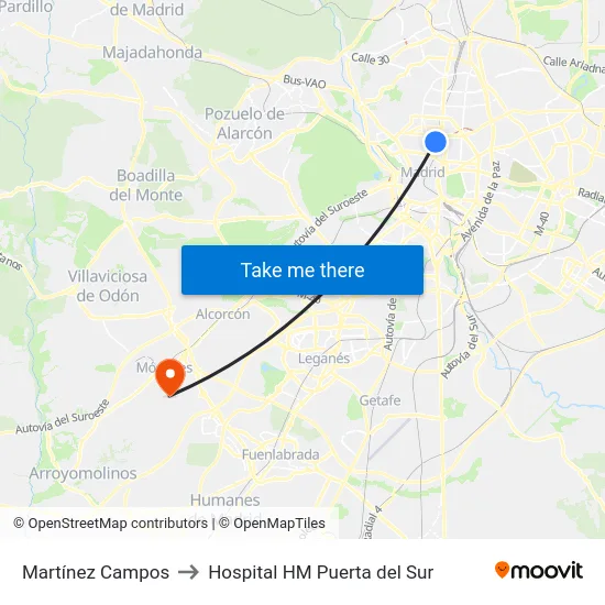 Martínez Campos to Hospital HM Puerta del Sur map