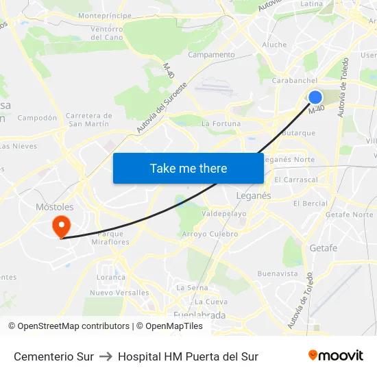 Cementerio Sur to Hospital HM Puerta del Sur map