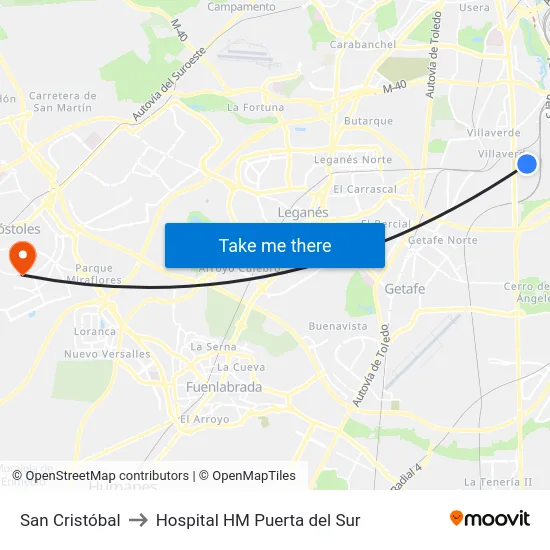 San Cristóbal to Hospital HM Puerta del Sur map