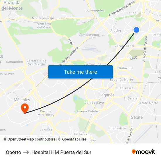 Oporto to Hospital HM Puerta del Sur map