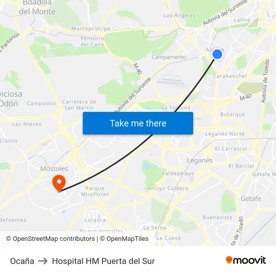 Ocaña to Hospital HM Puerta del Sur map