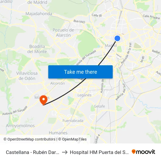 Castellana - Rubén Darío to Hospital HM Puerta del Sur map