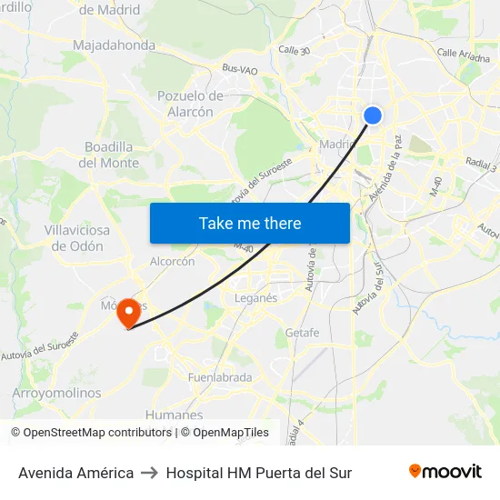 Avenida América to Hospital HM Puerta del Sur map