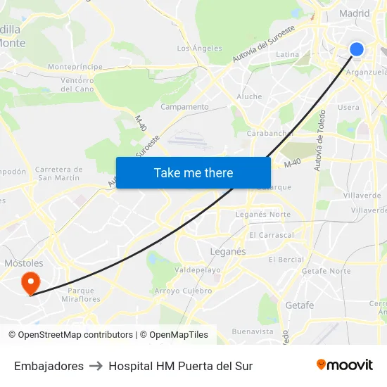 Embajadores to Hospital HM Puerta del Sur map