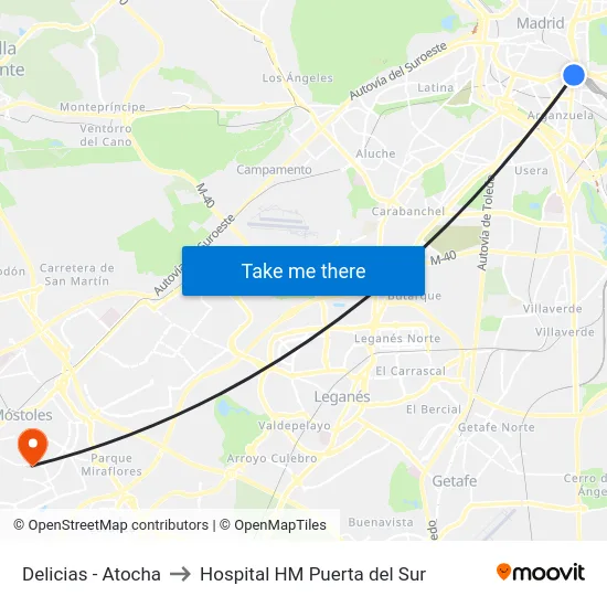 Delicias - Atocha to Hospital HM Puerta del Sur map
