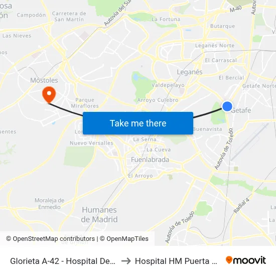 Glorieta A-42 - Hospital De Getafe to Hospital HM Puerta del Sur map