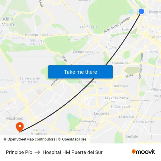 Príncipe Pío to Hospital HM Puerta del Sur map