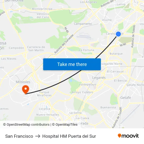San Francisco to Hospital HM Puerta del Sur map