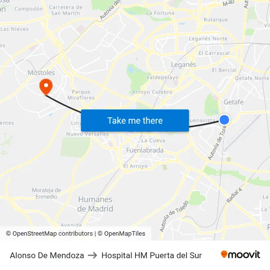 Alonso De Mendoza to Hospital HM Puerta del Sur map