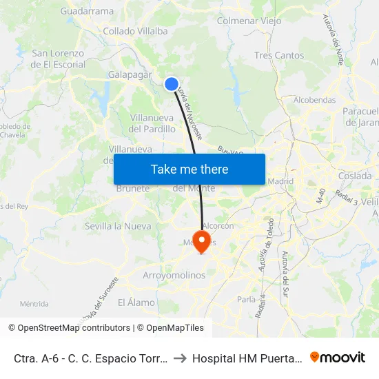 Ctra. A-6 - C. C. Espacio Torrelodones to Hospital HM Puerta del Sur map