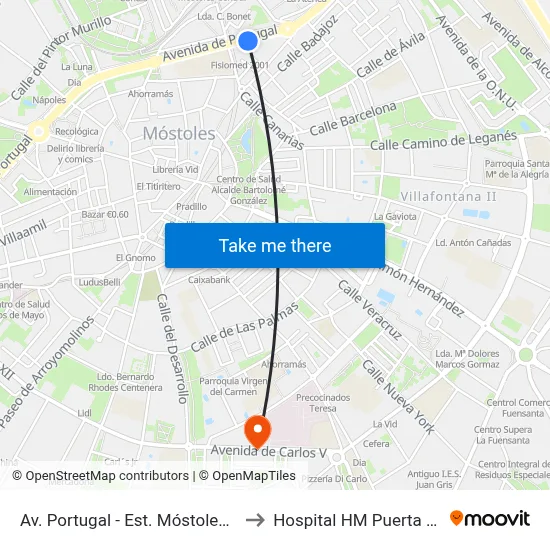 Av. Portugal - Est. Móstoles Central to Hospital HM Puerta del Sur map