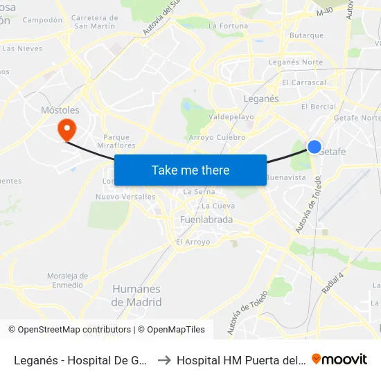 Leganés - Hospital De Getafe to Hospital HM Puerta del Sur map