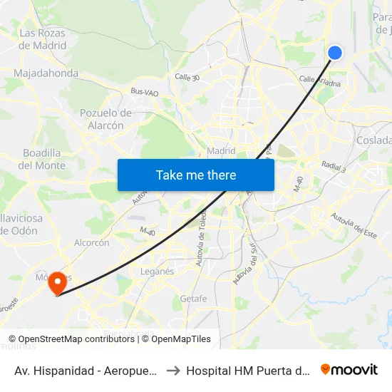 Av. Hispanidad - Aeropuerto T4 to Hospital HM Puerta del Sur map