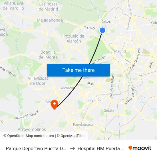 Parque Deportivo Puerta De Hierro to Hospital HM Puerta del Sur map