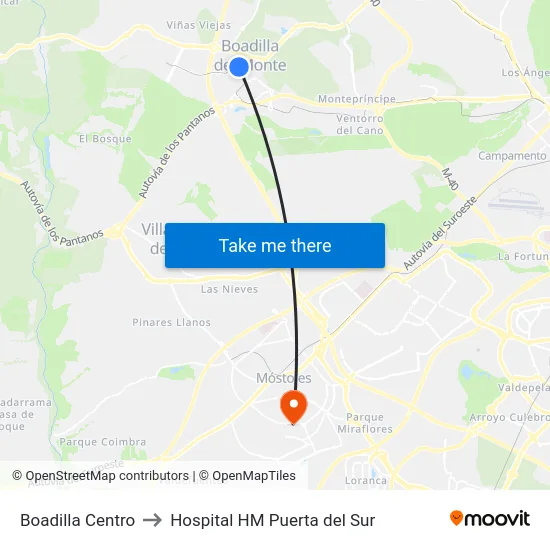 Boadilla Centro to Hospital HM Puerta del Sur map