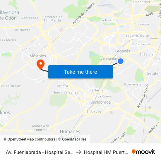 Av. Fuenlabrada - Hospital Severo Ochoa to Hospital HM Puerta del Sur map