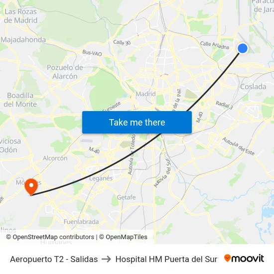 Aeropuerto T2 - Salidas to Hospital HM Puerta del Sur map