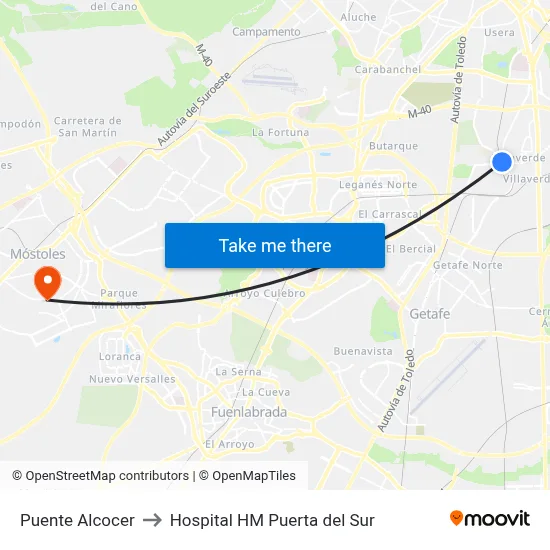 Puente Alcocer to Hospital HM Puerta del Sur map