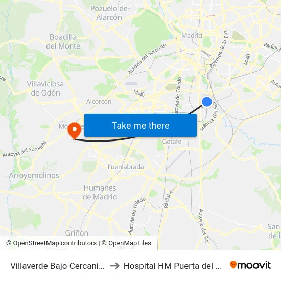 Villaverde Bajo Cercanías to Hospital HM Puerta del Sur map