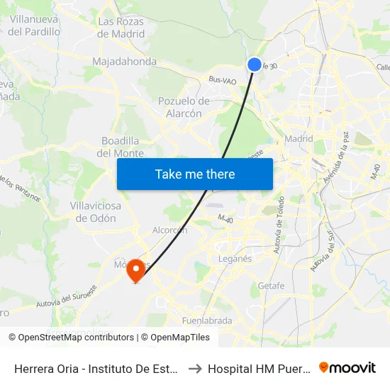 Herrera Oria - Instituto De Estudios Fiscales to Hospital HM Puerta del Sur map