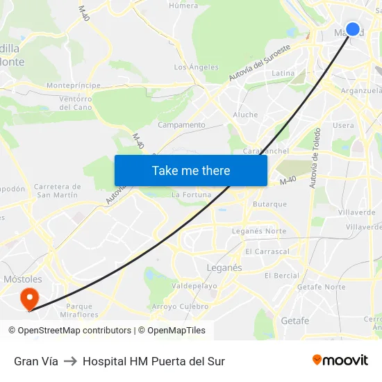 Gran Vía to Hospital HM Puerta del Sur map