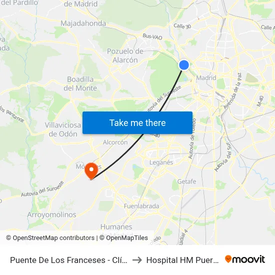 Puente De Los Franceses - Clínica Moncloa to Hospital HM Puerta del Sur map