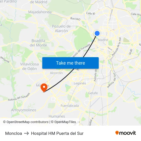 Moncloa to Hospital HM Puerta del Sur map