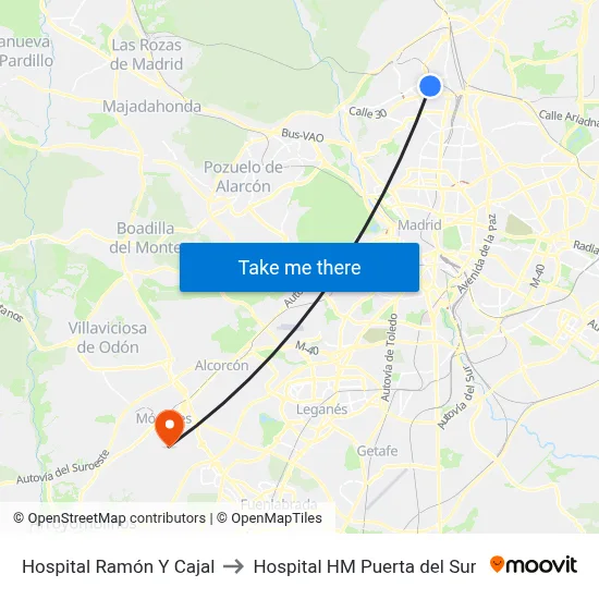 Hospital Ramón Y Cajal to Hospital HM Puerta del Sur map