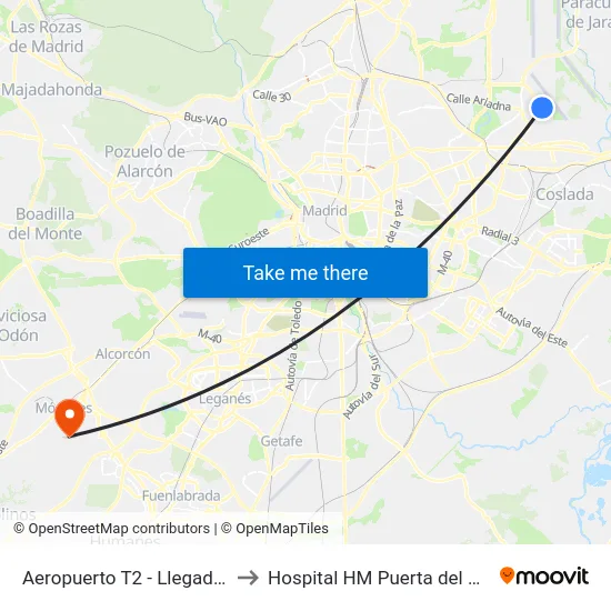 Aeropuerto T2 - Llegadas to Hospital HM Puerta del Sur map
