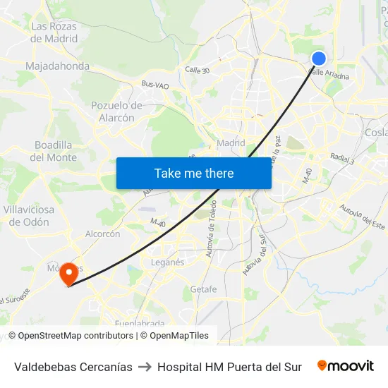 Valdebebas Cercanías to Hospital HM Puerta del Sur map